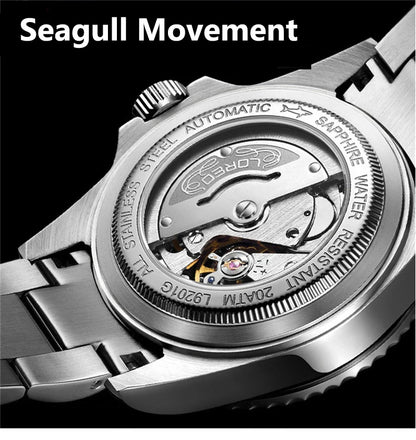 LOREO Original Men's Business Watch 20ATM Waterproof Wristwatch Top Brand Casual Sport Seagull Automatic Mechanical Watch Men