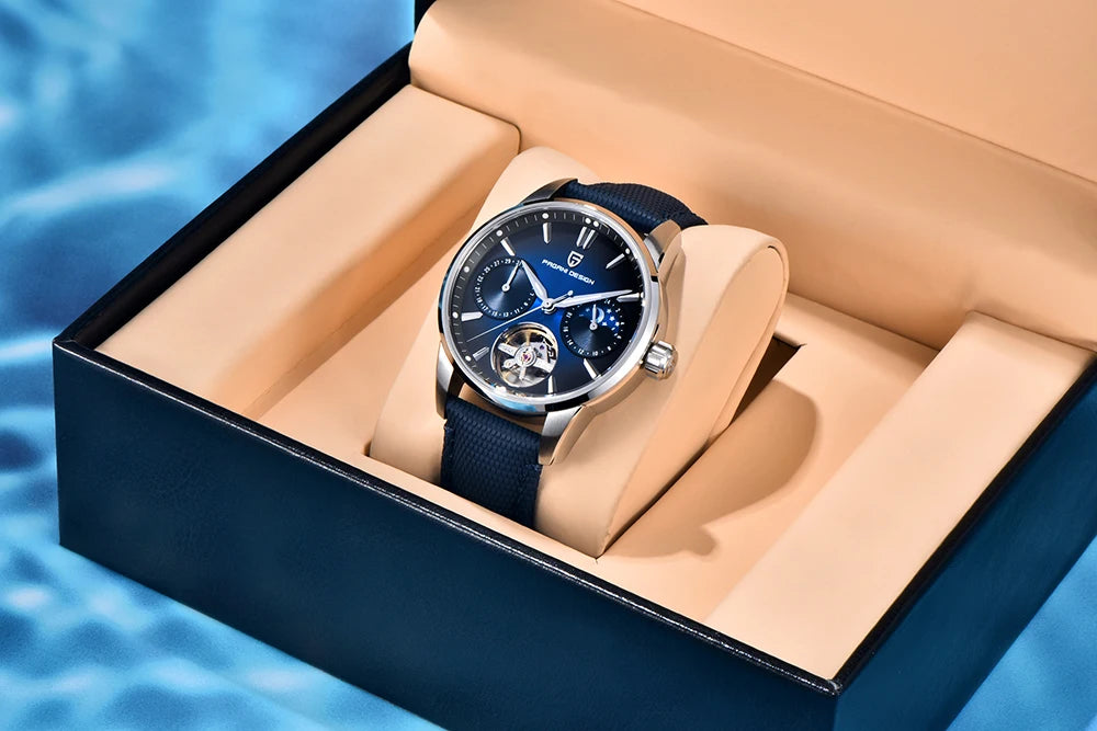 PAGANI DESIGN – Ceas mecanic de lux pentru bărbați, 41 mm, sticlă de safir, curea din piele, rezistent la apă, stil pilot, cu turbilion și fază lunară