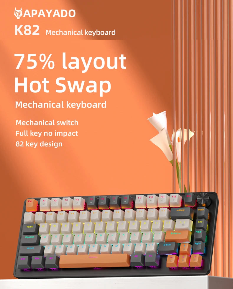 75% Mechanical Keyboard Wired with Media Knob APAYADO Black Gaming Keyboard Hot-Swap ABS Cap Transparent Character Backlighting