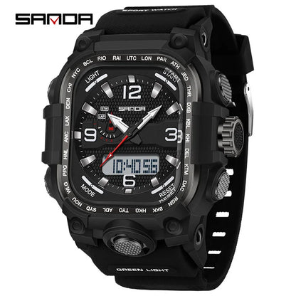 SANDA 6310 Men's Electronic Watch Multifunctional Luminous Alarm Clock Calendar Stopwatch Dual Display Digital Watches for Man