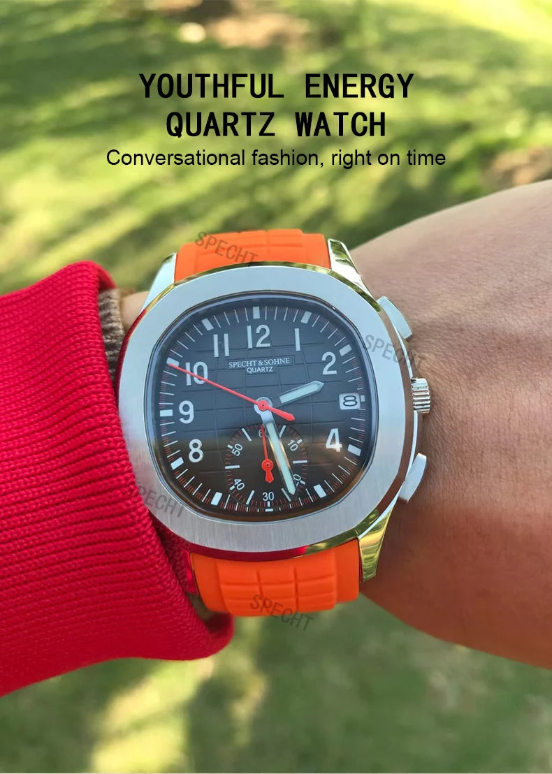 Specht & Söhne New Classic 5167 Men's Watch Orange Color Sapphire Crystal Rubber Strap Sports Male Quartz Watches 50M Waterproof