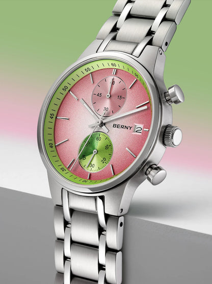 Montre pour homme BERNY – Chronographe multifonction à quartz, style décontracté et tendance, affichage de la date, aiguilles luminescentes, montre-bracelet sportive et colorée
