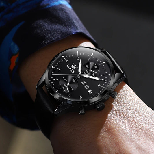 Relógio de homem OLEVS 2880 – Cronógrafo elegante e minimalista, bracelete em pele, indicação automática da data, resistente à água, ponteiros luminescentes, movimento de quartzo.
