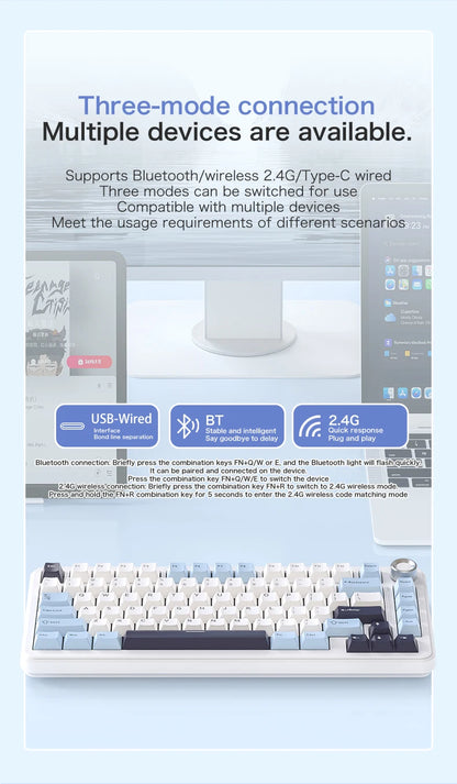 FREEWOLF F75 Gaming Mechanical Keyboard, 75% Tri-Mode Wireless Bluetooth, AULA F75 Same Model, RGB Hot Swappable PBT 4000mAh