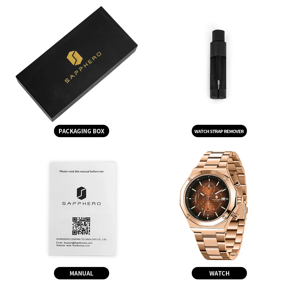 SAPPHERO Roségouden herenhorloge, modieus luxe horloge, roestvrijstalen horloge, waterdicht tot 50 m, herenhorloge, nieuwjaarscadeaus