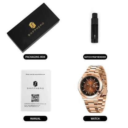 SAPPHERO Roségouden herenhorloge, modieus luxe horloge, roestvrijstalen horloge, waterdicht tot 50 m, herenhorloge, nieuwjaarscadeaus