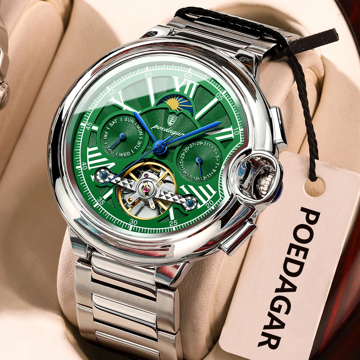 Ceas pentru bărbați POEDAGAR, stil luxos și profesional, cu afișaj al datei și al zilei, tourbillon, carcasă din oțel inoxidabil, mecanism mecanic automat și rezistență la apă.
