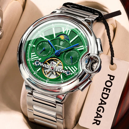 Ceas pentru bărbați POEDAGAR, stil luxos și profesional, cu afișaj al datei și al zilei, tourbillon, carcasă din oțel inoxidabil, mecanism mecanic automat și rezistență la apă.