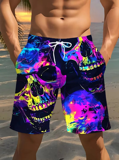 Pantalones cortos de playa para hombre con estampado de calaveras, pantalones cortos de surf con diseño gráfico 3D, para vacaciones, moda urbana, verano, estilo informal y psicodélico.