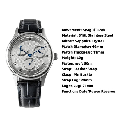 Men's Watch Pilot 40mm 1963 Automatic Mechanical Wristwatch Tianjin ST1780 Movement Army Designer Clock Men's Watches New 2024