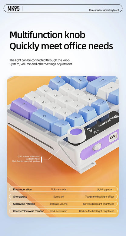 SMAILWOLF MK95 Bluetooth Wireless Korean Customized Mechanical Keyboard e-Sports 3 Modes Laptop Office Game Full Key Hot Swappable RGB Lighting Effects