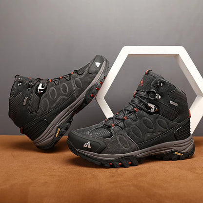 Botas de caminhada de cano alto para homem HIKEUP, calçado de inverno para exterior, com atacadores, antiderrapante, desportivo e casual, botas de trekking em camurça, quentes para homem