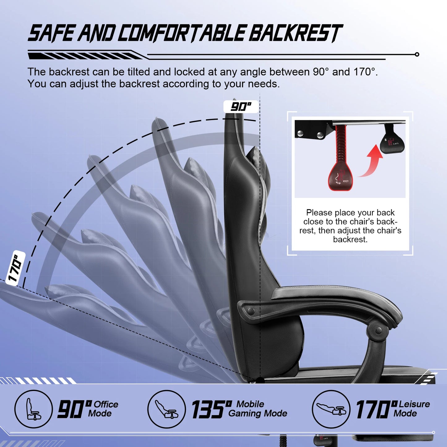 Daccormax Ergonomic Gaming Chair with Footrest, 170° Reclining PU Leather Racing Chair with Lumbar Support, Headrest & Office Comfort