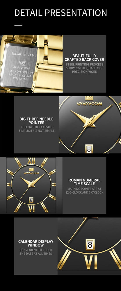 Men Business Watch Simple Design Luxury Fashion Rectangular Black Gold Stainless Steel Calendar Waterproof Quartz Men's Watches