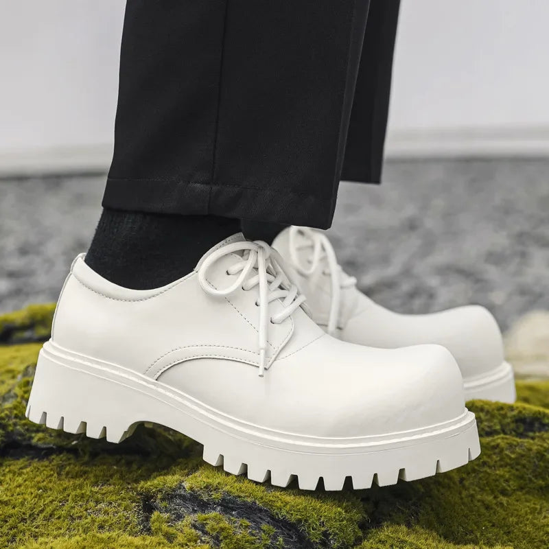 Thick Sole Casual Genuine Leather Dress Shoes Men Platform Height Increase Japan Harajuku Korean Streetwear Fashion Shoes White