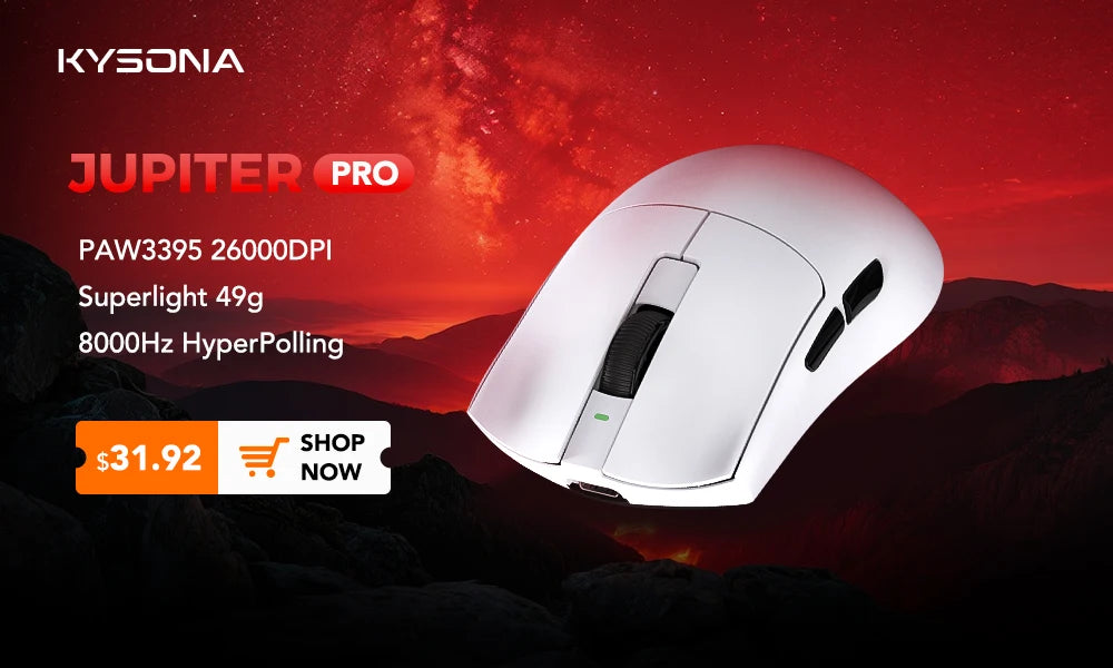 KYSONA Jupiter Series Gaming Mouse  Wired Wireless Mice 8Khz PAW3950 Sensor  Bluetooth 46g Rechargeable Web Driver For PC laptop