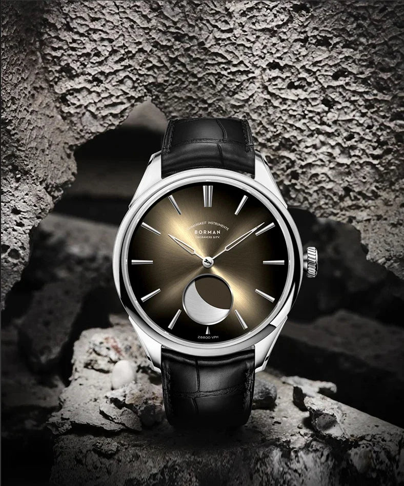 Borman Men's Automatic Watches, Luxury Moon Phase Mechanical Wristwatch, Fashionable 50M Waterproof with Sapphire Leather Strap