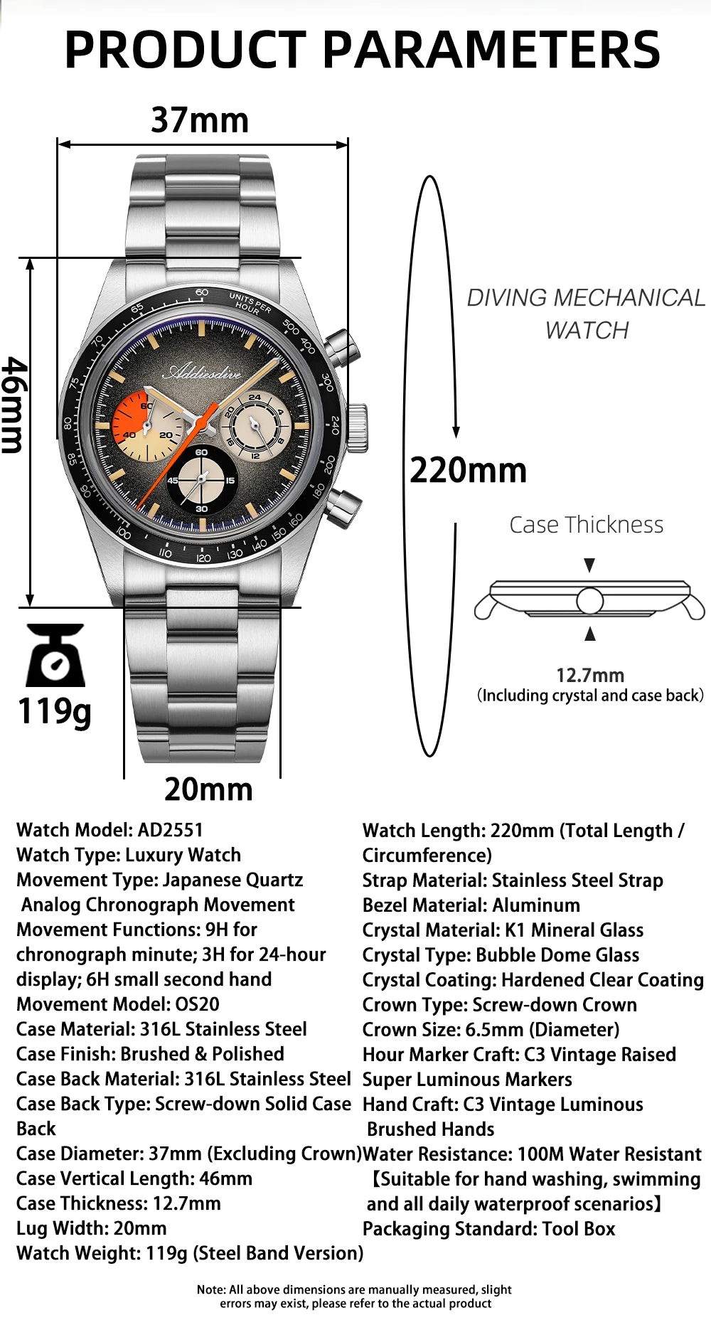 ADDIESDIVE Top Brand AD2551 Chronograph Watch C3 Super Luminous 316L Stainless Steel 10Bar Waterproof 0S20 Movement Men's Watch