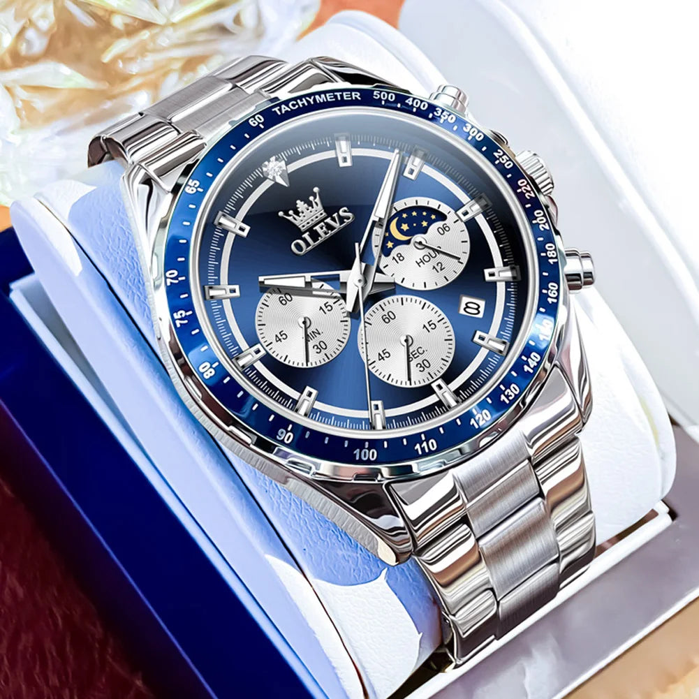 OLEVS Men's Watches Fashion Sports Green Watch For Men Multifunctional Quartz Wristwatches Men Waterproof Leather reloj hombre