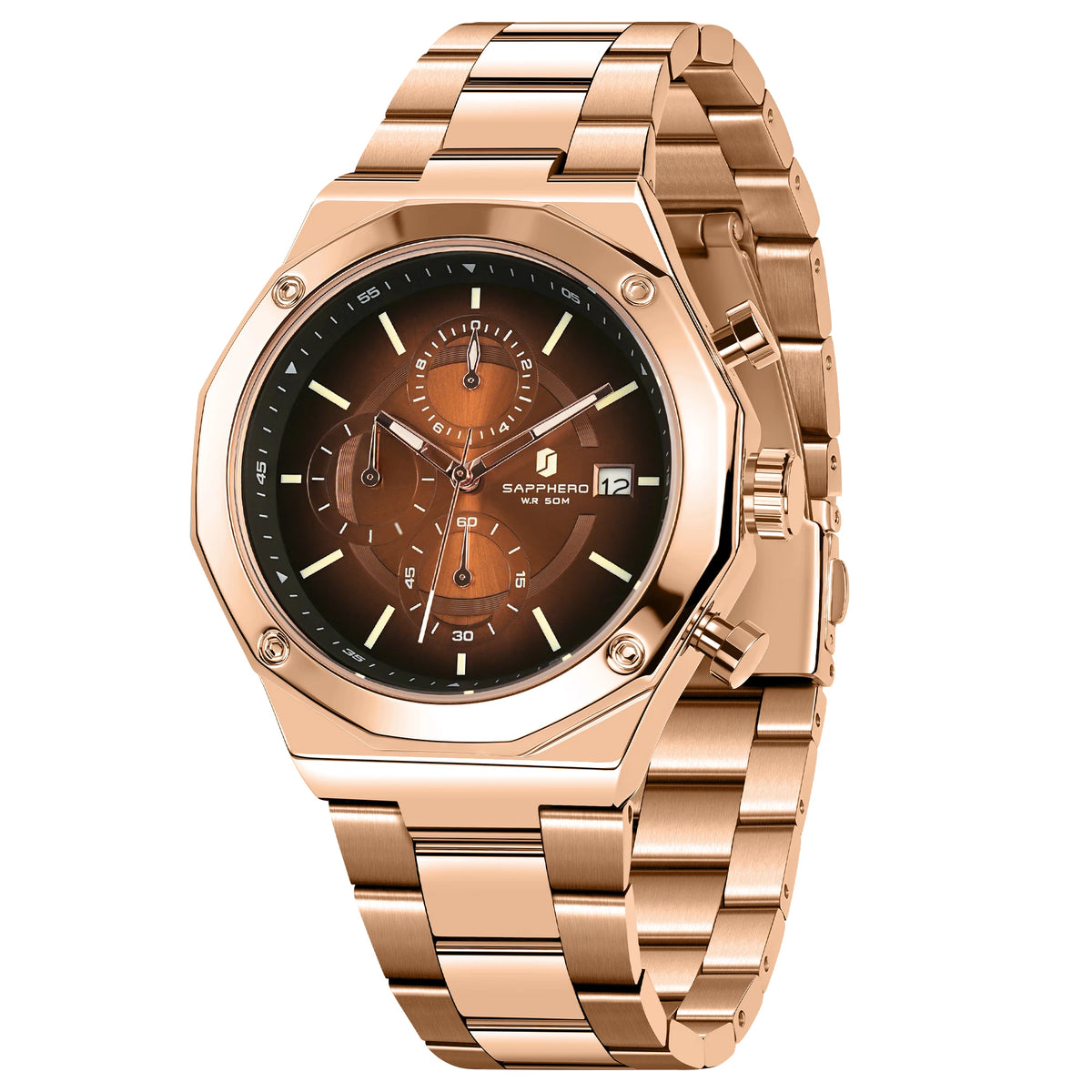 SAPPHERO Roségouden herenhorloge, modieus luxe horloge, roestvrijstalen horloge, waterdicht tot 50 m, herenhorloge, nieuwjaarscadeaus