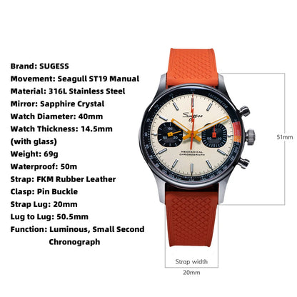 Sugess Pilot Watch ST19 Origin Movement Swanneck Wristwatch Mechanical Chronograph Sapphire Crystal Military Limited Racing 1963