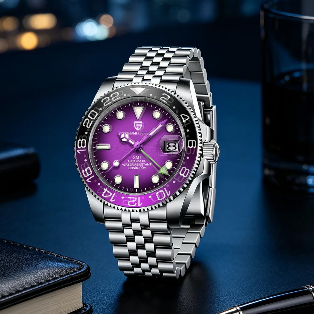 Relógio mecânico para homem Pagani Design GMT – Modelo de luxo com vidro de safira, caixa em aço inoxidável e luneta em cerâmica – Relógio automático para homem, estilo profissional