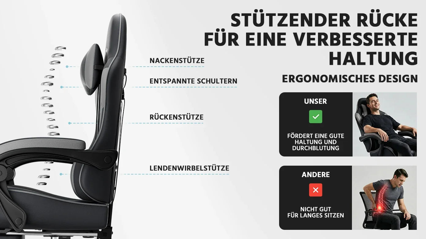 Comanlai Gaming Chair with Footrest Ergonomic High Back Computer Chair with Adjustable Headrest Lumbar Support PU Swivel Chair
