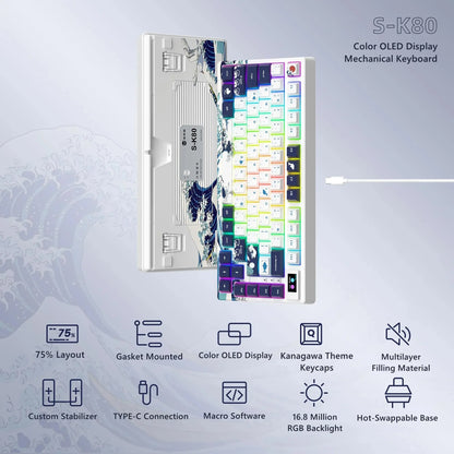 womier SK80 Gasket Mounted Mechanical Keyboard 81 Key Gamer Keyboard 75% Hot Swap RGB Gaming Keyboard with Smart Display for PC