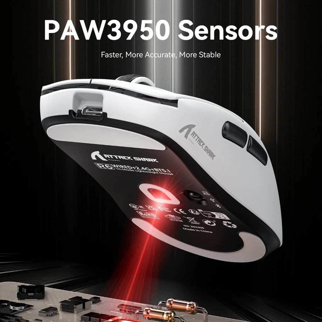 Attack Shark R6 Gaming Mouse 38g Ultra-Light, PAW3950 8K Return Rate Wireless, Nordic 52840, 24000DPI, Tri-Mode