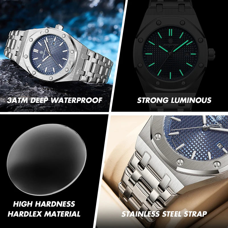 PAAZOMU Luxe vierkant herenhorloge met quartz, waterdicht, verlicht datumvenster, herenhorloge van roestvrij staal, zakelijke herenhorloges