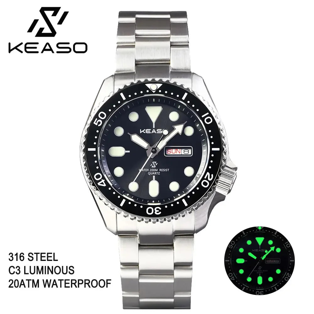 KEASO Top Men's Dive Watch C3 Super Luminous 316L Solid Steel 20Bar Waterproof Sapphire Mirror MIYOTA 2035 Quartz Movement Watch
