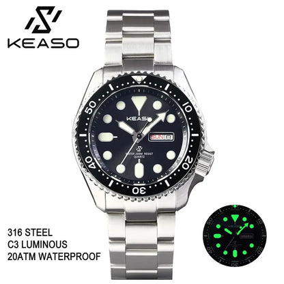 KEASO Top Men's Dive Watch C3 Super Luminous 316L Solid Steel 20Bar Waterproof Sapphire Mirror MIYOTA 2035 Quartz Movement Watch