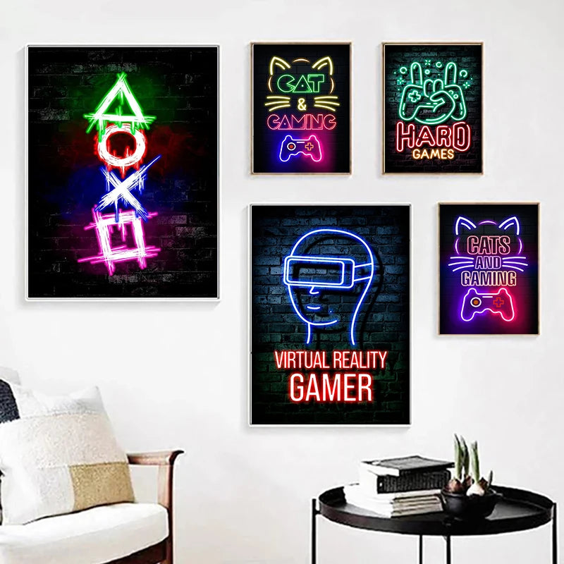 Poster „Nordic Cat and Gaming Controller Quotes“ – moderne Leinwandmalerei als Wandkunst und Wandbild für die Zimmerdekoration von Gamer-Jungen und -Mädchen (nicht Neon)