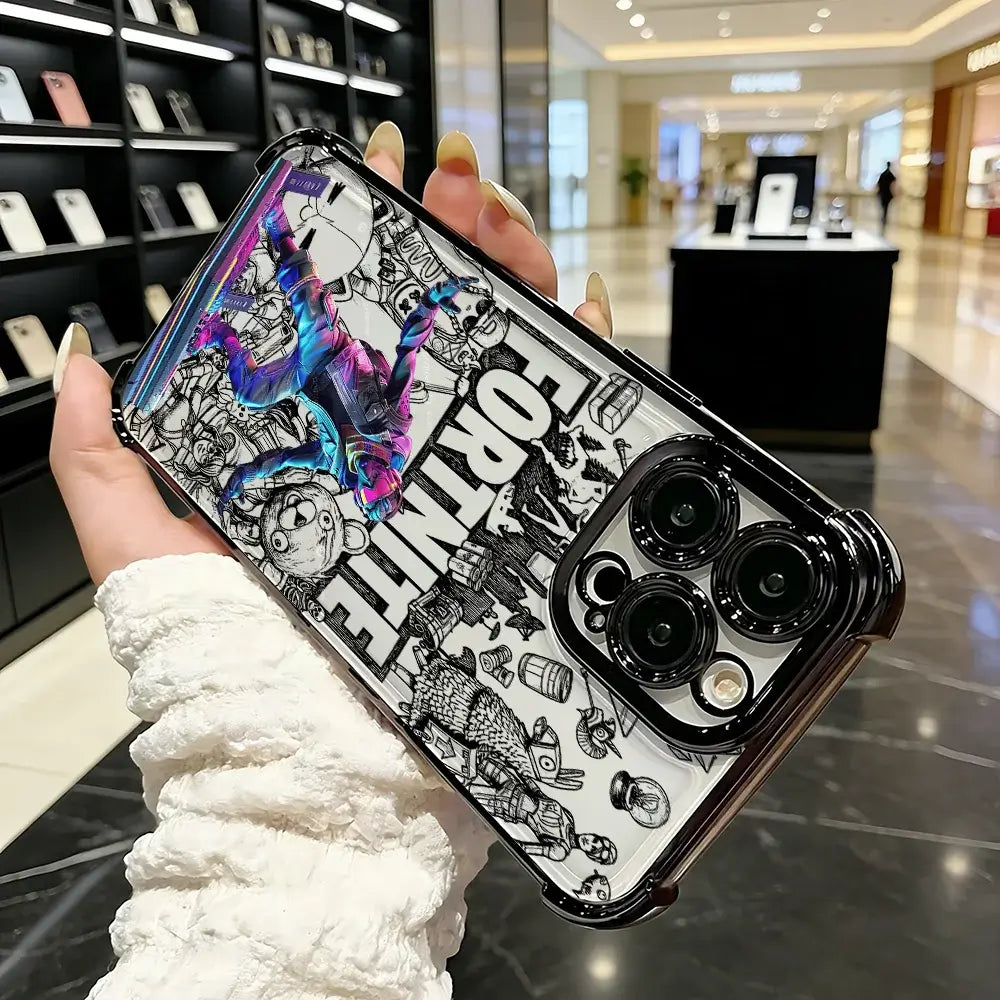 Популярен калъф за телефон с FortniteS дизайн и метализирано покритие за iPhone 17 17e 16e 16 15 14 13 12 11 Pro Max X XR XSMax 7 8 Mini Air Plus, против падане