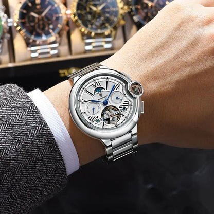 Ceas pentru bărbați POEDAGAR, stil luxos și profesional, cu afișaj al datei și al zilei, tourbillon, carcasă din oțel inoxidabil, mecanism mecanic automat și rezistență la apă.