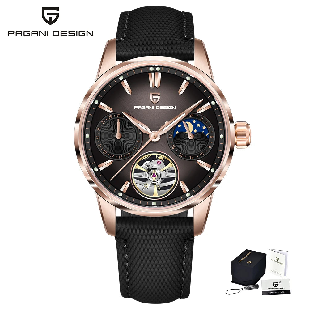 PAGANI DESIGN – Ceas mecanic de lux pentru bărbați, 41 mm, sticlă de safir, curea din piele, rezistent la apă, stil pilot, cu turbilion și fază lunară
