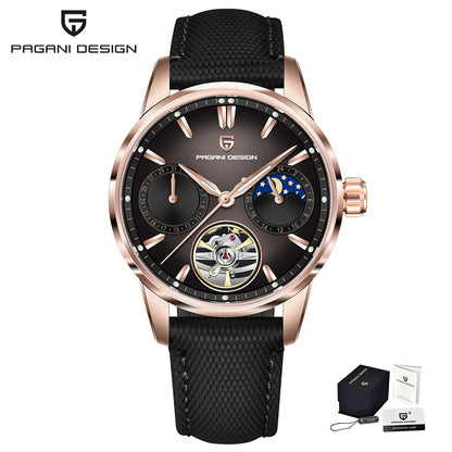 PAGANI DESIGN – Ceas mecanic de lux pentru bărbați, 41 mm, sticlă de safir, curea din piele, rezistent la apă, stil pilot, cu turbilion și fază lunară