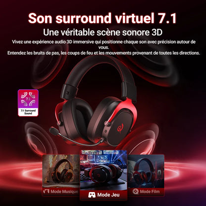 QCY Casque Gamer Sans Fil Heroad VT200 avec Microphone Détachable, Casque Over-Ear, Connexion Tri-Mode, Son Surround 7.1 pour PC, PS4 et PS5
