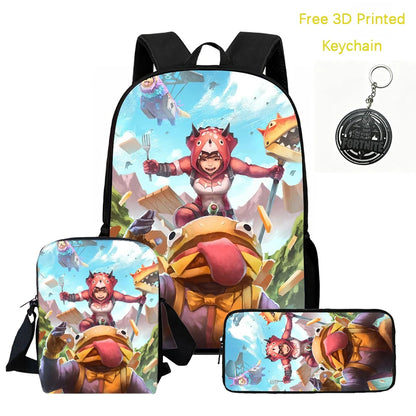 3Pcs Kids Backpack Set, Crossbody & Pencil Bag, FORTNITE Cartoon Bag, Lightweight for Boys Girls 5-10, Free 3D Printed Keychain