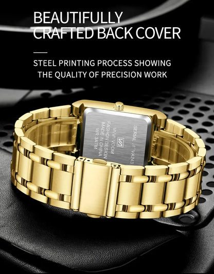 Men Business Watch Simple Design Luxury Fashion Rectangular Black Gold Stainless Steel Calendar Waterproof Quartz Men's Watches