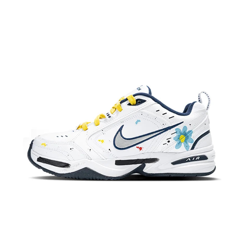 Sneakers personalizzate Nike Air Monarch 4 Crushed Ice Blue Floral Ink Splatter - Scarpe da corsa da uomo basse