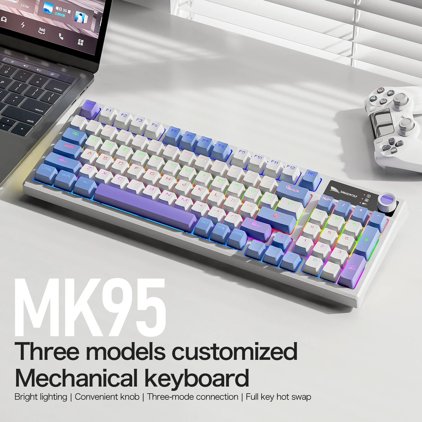 SMAILWOLF MK95 Bluetooth Wireless Korean Customized Mechanical Keyboard e-Sports 3 Modes Laptop Office Game Full Key Hot Swappable RGB Lighting Effects