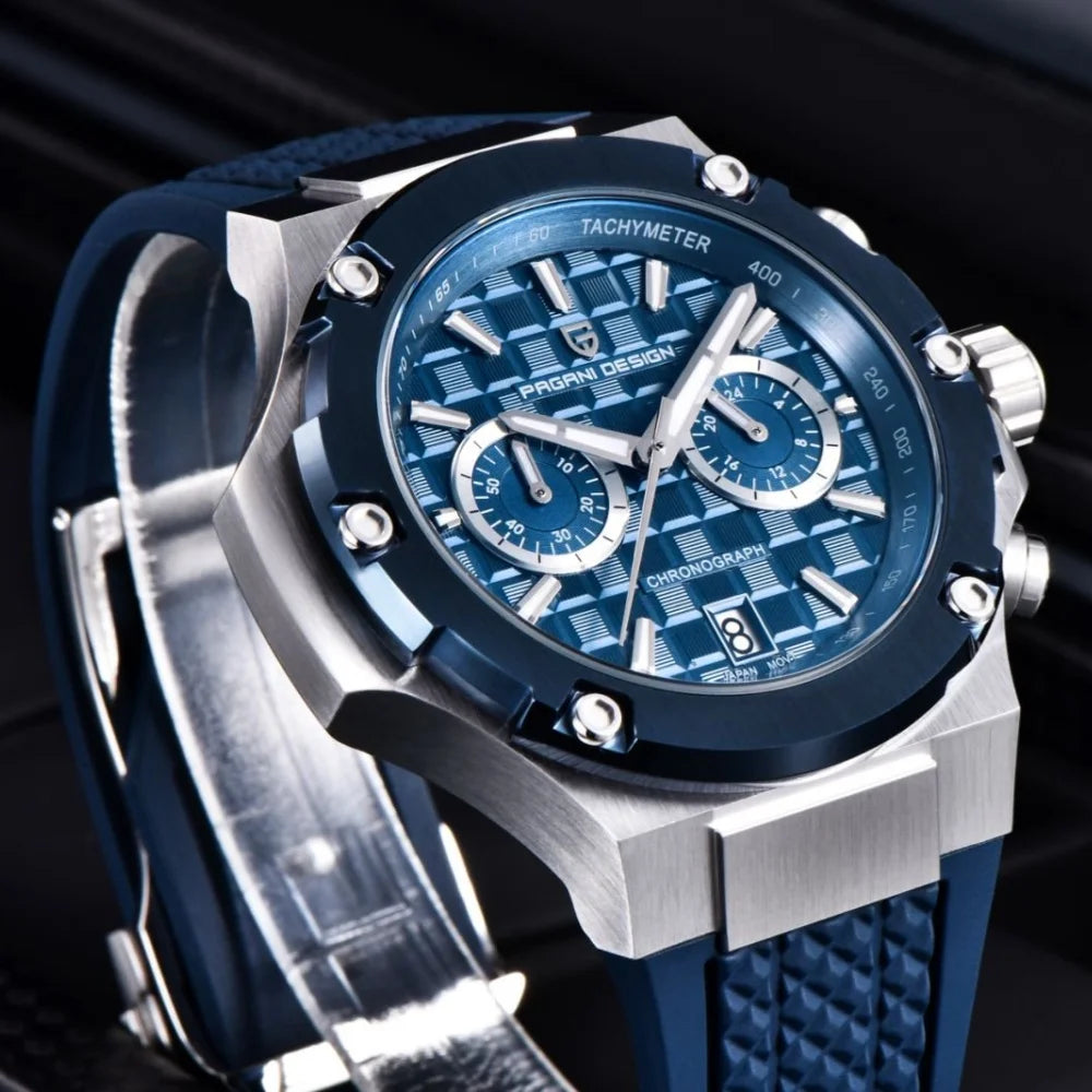 PAGANI DESIGN PD-YS032 Men's Quartz Watch 44mm Japan VK64 Movement Stainless Steel Case Rubber Strap Sapphire Glass 100M Waterproof