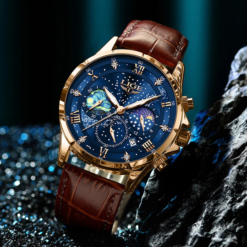 Montre pour homme LIGE – Montre à quartz de luxe, style décontracté, bracelet en cuir, idéale pour le travail ou le sport, étanche, avec date et chronographe.