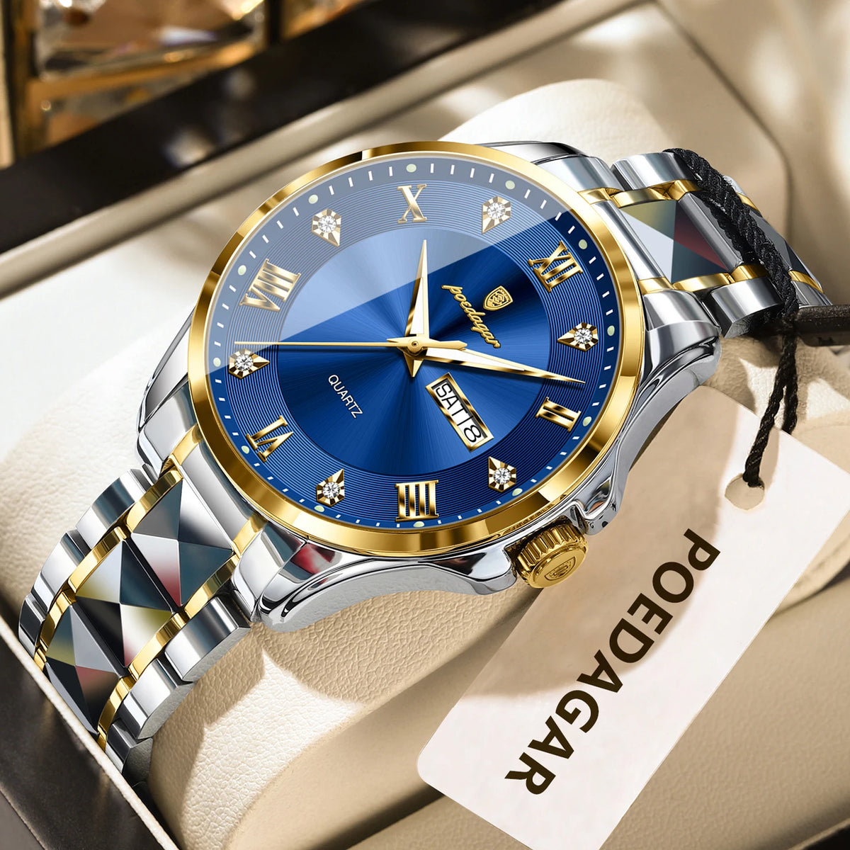 POEDAGAR herenhorloge, origineel luxemodel, waterdicht, verlicht, met datum- en dagweergave, elegante stijl, roestvrijstalen kast, quartz uurwerk, ideaal voor op het werk.