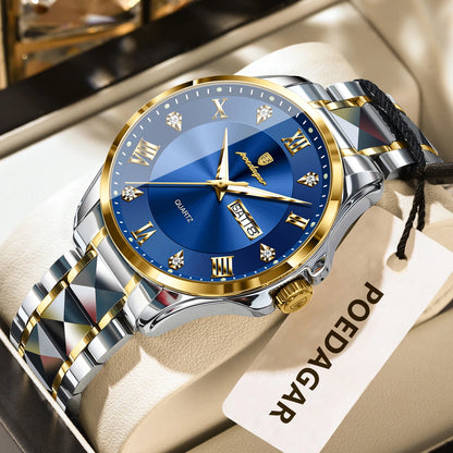 POEDAGAR herenhorloge, origineel luxemodel, waterdicht, verlicht, met datum- en dagweergave, elegante stijl, roestvrijstalen kast, quartz uurwerk, ideaal voor op het werk.