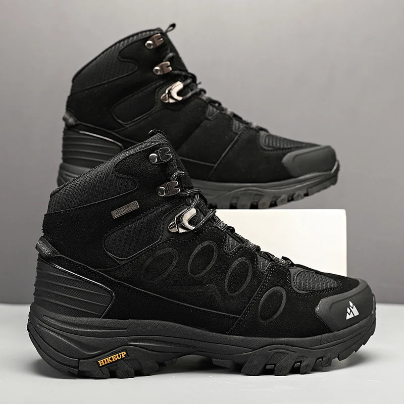 Botas de caminhada de cano alto para homem HIKEUP, calçado de inverno para exterior, com atacadores, antiderrapante, desportivo e casual, botas de trekking em camurça, quentes para homem