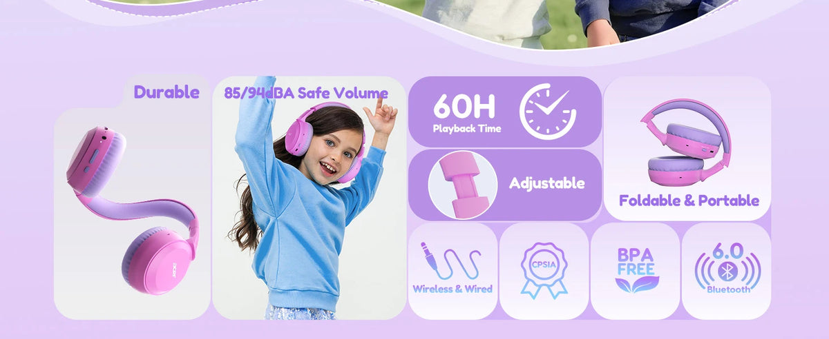 Casque Bluetooth 6.0 pour enfants Acer OHR668, limiteur de volume 85/94 dB, casque sans fil pliable à porter sur les oreilles, autonomie de 60 heures, microphone intégré.