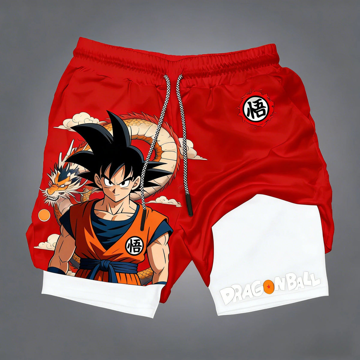 Pantalones cortos de doble capa para hombre de Dragon Ball, Son Goku, verano, anime japonés, imitación, dos piezas, deportivos, fitness, de secado rápido
