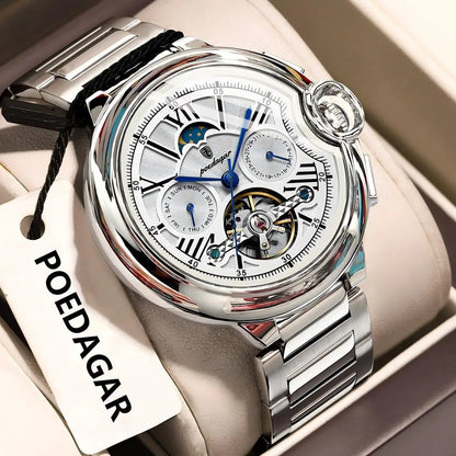 Ceas pentru bărbați POEDAGAR, stil luxos și profesional, cu afișaj al datei și al zilei, tourbillon, carcasă din oțel inoxidabil, mecanism mecanic automat și rezistență la apă.